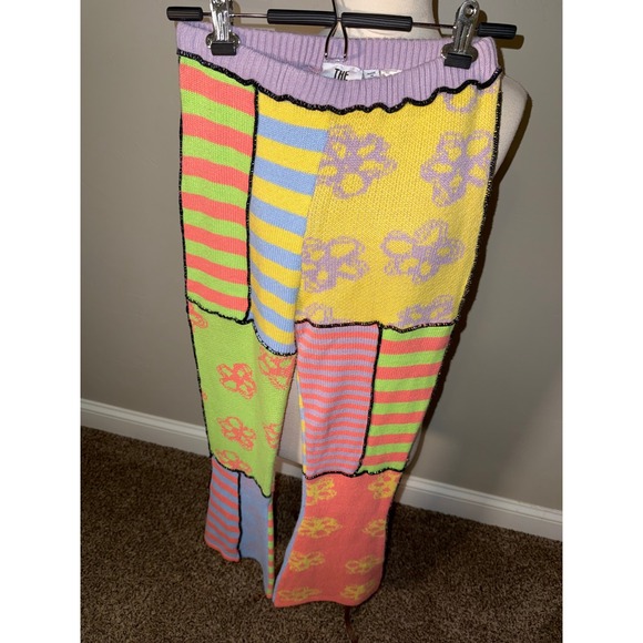 The Ragged Priest Patchwork Knit Flare Pants Multicolor Floral Striped - Picture 3 of 12